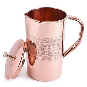 Pure Copper Embossed Design Jug Lacqour Coated Pitcher, Storage & Serving Water, Health Benefits, 1200 ML