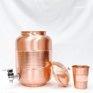 Pure Copper 5 Litre Matka Water Dispenser Jug with Brass Nob and Nickle Plated Tap and One Iron Stand,1 Copper Glass 250 ml (2-Tone Matka+1 Glass+1 Stand)